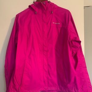 Hooded bright pink Columbia rain jacket